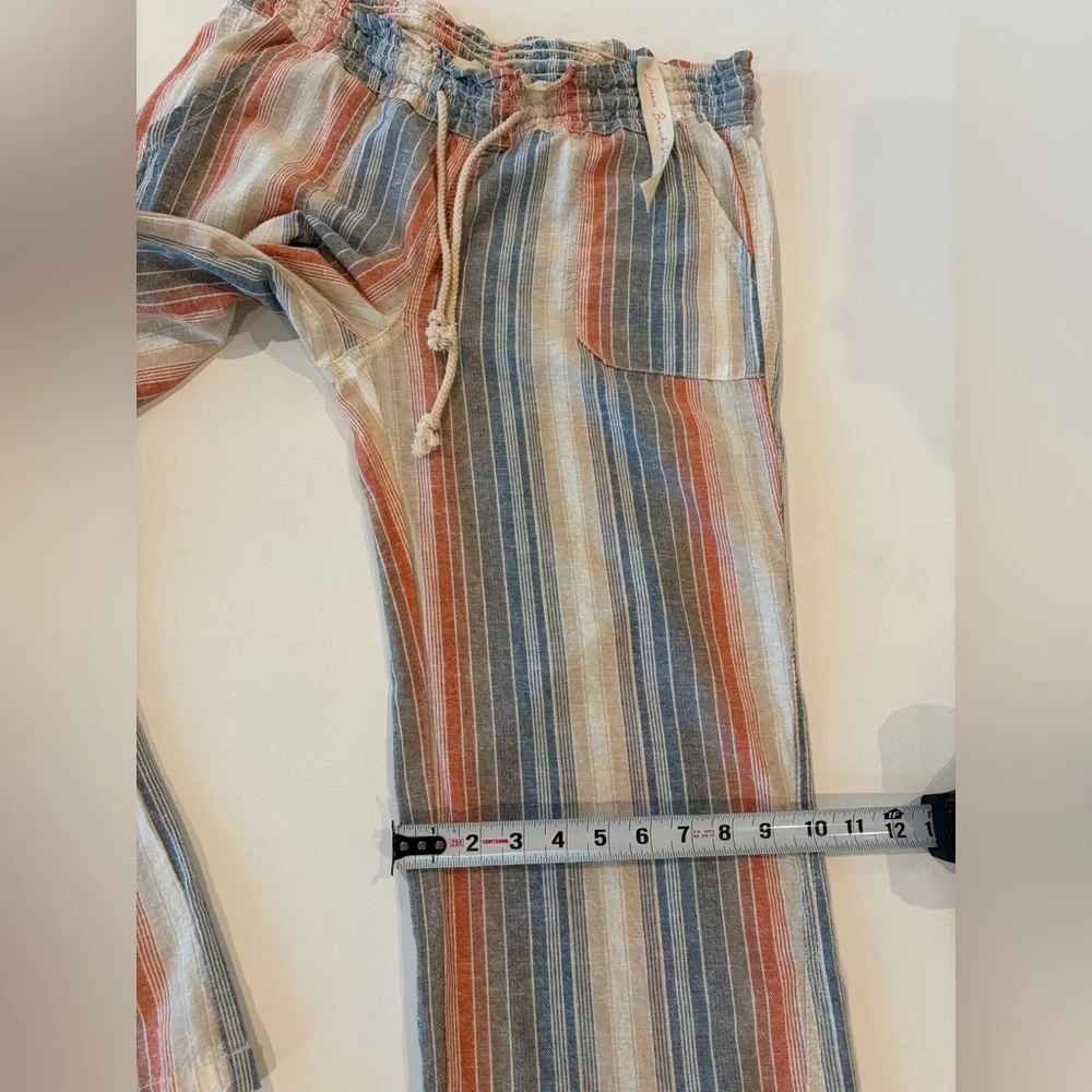 April Kiss Smocked Waist Boho Linen Cotton Blend Large Beach Pants Blue Orange - Picture 4 of 14